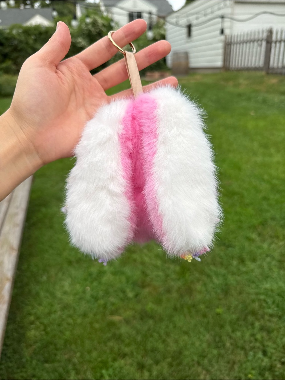 Pink Plush Bunny Keychain with Decorative Trim. Backpack Charm for Kids.Birthday - Picture 7 of 8